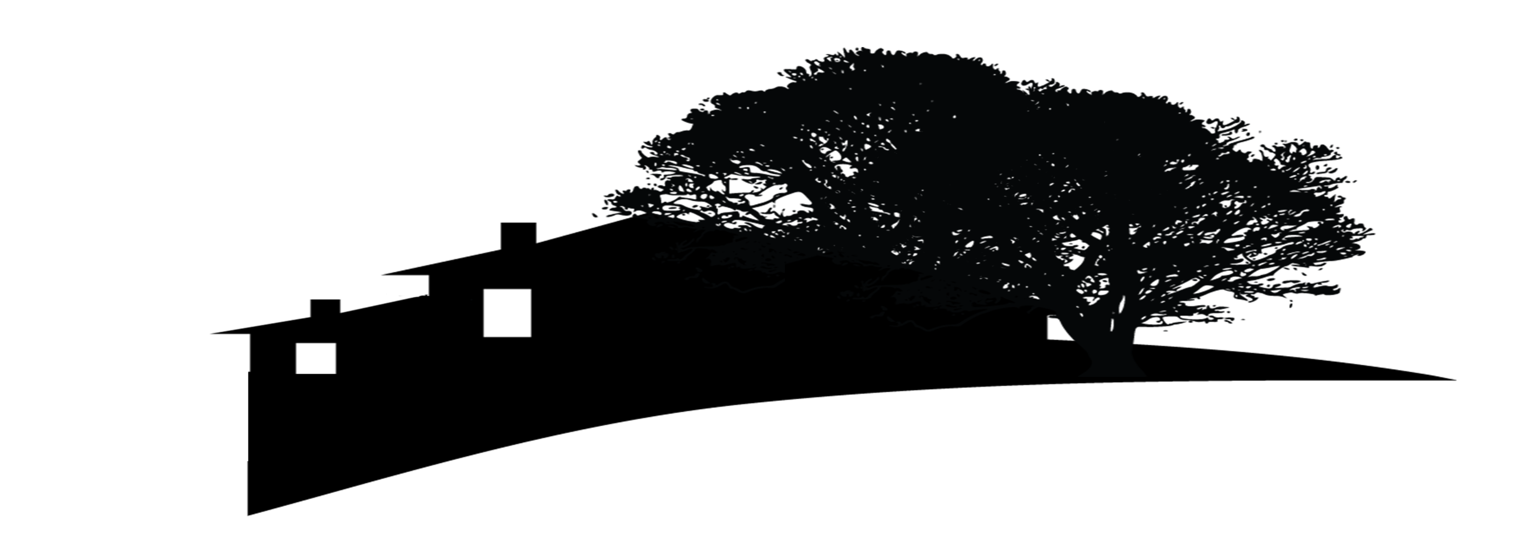 silhouette of houses on a hill with trees 